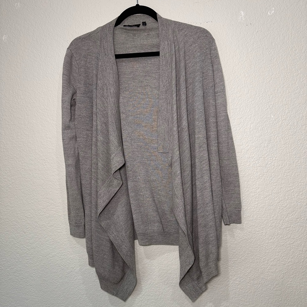 Theory Winxie F Soft Luster Gray Merino Wool Open Front Draped Cardigan Petite P